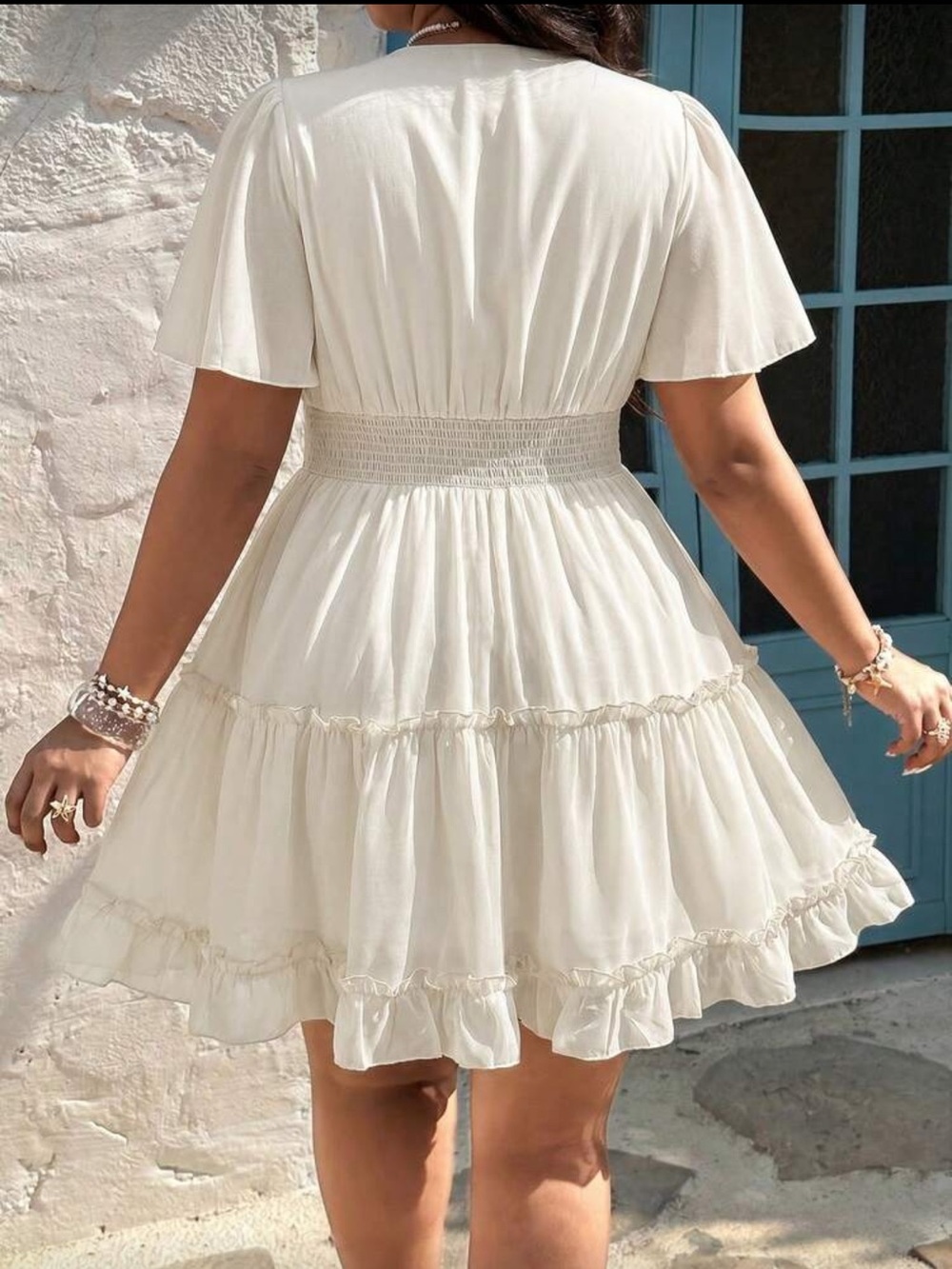 White V-Neck Ruffled Tiered Mini Dress - Picture 2 of 2